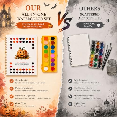 Halloween Pumpkin Watercolor Workbook, 16 Colors, 3 Brushes