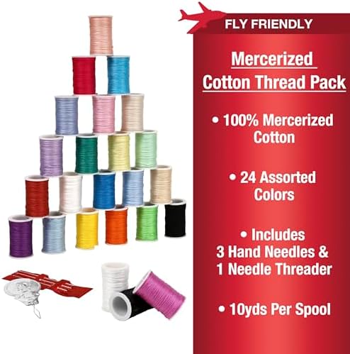 SINGER Mercerized Cotton Hand Sewing Thread Pack - 24 Assorted Colors, 10yds/ea, Mini Spools of Thread, Includes Hand Needles & Threader, Travel Friendly