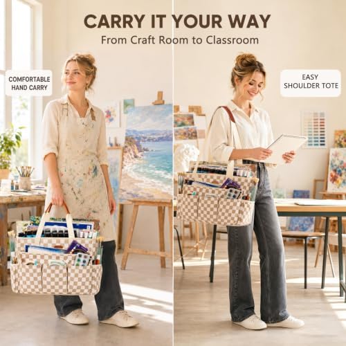 APOFFICE Large Craft Organizer Tote Bag with Multiple Pockets, Art Supply Storage Caddy with Removable Bottom Board and Shoulder Strap for Painting, Sewing, Scrapbooking and Classroom Supplies
