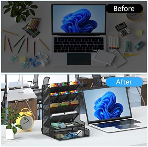 BOHDK Pen Organizer for Desk, Multi-Functional Desk Organizer, Wall Mount Pen Holder with Drawer for School, Office, Home, Art Supplies, Black