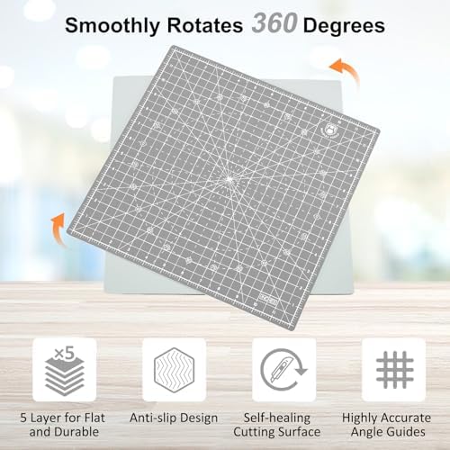 Headley Tools 12"x12" Rotating Cutting Mat, Self Healing Mat with 360-Degree Rotation & Anti-Slip Base, Sewing Board Cutting Mat Perfect for Fabric Quilting Leather Hobby Project, Grey