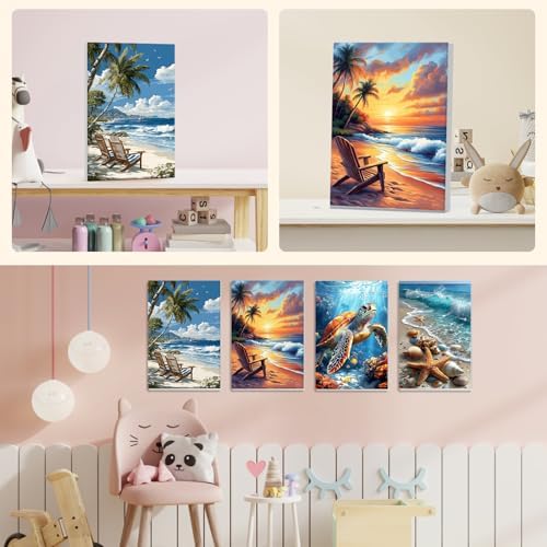 NEWENMO 4 Pack Paint by Numbers for Adults with Wooden Framed, Beach Sunset, Paint by Number Kits on Canvas for Beginner, DIY Acrylic Oil Painting Kits for Home Decor 8x12 inch, Sea Turtle