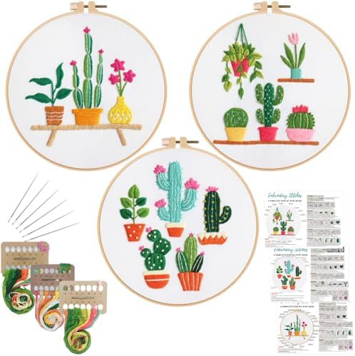 Louise Maelys 3 Pack Cactus Embroidery Kit for Beginners Plant DIY