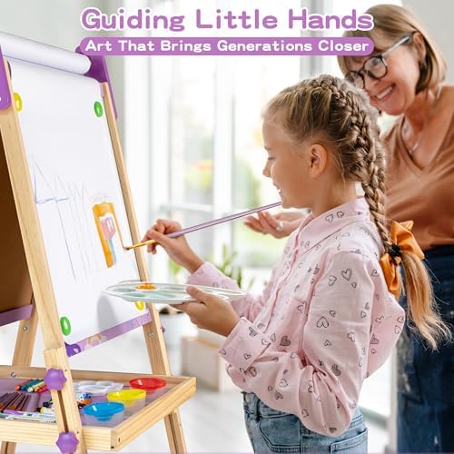 Purple Kids Art Easel Set, Wooden 3-in-1 Magnetic Whiteboard & Chalkboard