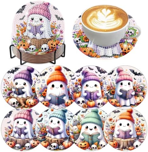 8 Pack Diamond Art Coasters ,Halloween Ghost Diamond Painting Coasters Kits