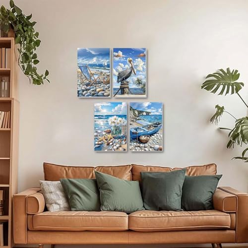 ICYANART 4 Pack Beach Paint by Numbers Kit for Adult Beach with Frame Easel