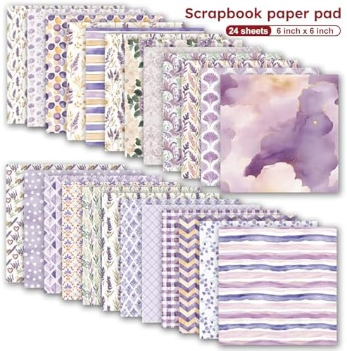 6 Inch Purple Scrapbook Paper Pad - 24 Sheets Double Sided Flower Aesthetic Supplies for Journaling Collage Art Origami Cards DIY Gift Wrapping Folded Photo Album Handmade Decor Craft