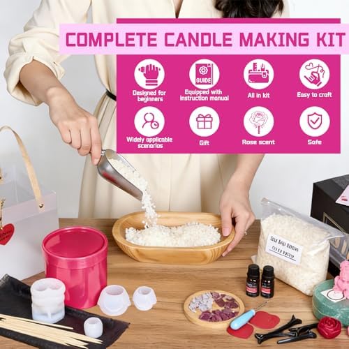 Rose Candle Making Kit with Round Gift Box,DIY Soy Wax Kit(Rose red)