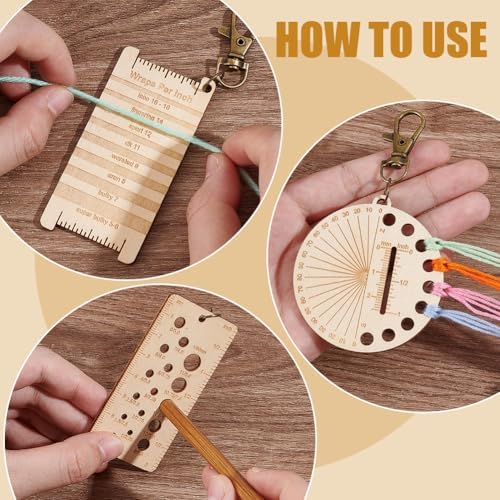 BENECREAT 3Pcs Mini Wooden Knitting Needle Gauge Keychains, Yarn Wrap Guide Board Knitting Tool, Embroidery Floss Organizer Card, Multifunctional Ruler with Alloy Clasp for Crochet DIY Sewing