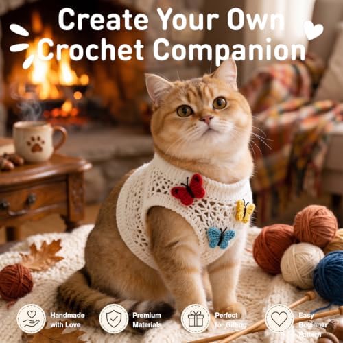DIY Crochet Pet Clothes Kit for Beginners – Handmade Cat & Dog Sweater Knitting Craft Set with Yarn, Crochet Hook & Step-by-Step Instructions – Easy Beginner Crochet Pet Outfit Pattern Kit for Adults
