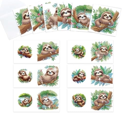 antor 6-Pack Sloth Diamond Art Greeting Cards – DIY 5D Diamond Painting Greeting Card Kits for Adults with Envelopes, Relaxing Rhinestone Card Kit Featuring Cute Hanging Sloths on Tree Branches
