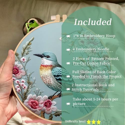 FONNUY Embroidery Kit for Beginners, Hummingbird Flowers Pre-Stamped Pattern Kits for Adults with Hoop, Easy to Follow Color Thread Needlework, 8''Hoop (Lightblue)