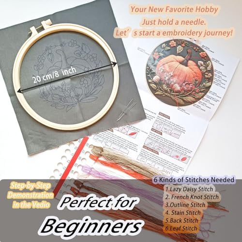 FONNUY Pumpkin Embroidery Kit for Beginners, Pre-Stamped Pattern Kits for Adults with Hoop, Easy to Follow Color Thread Needlework, 8'' Hoop (Orange)