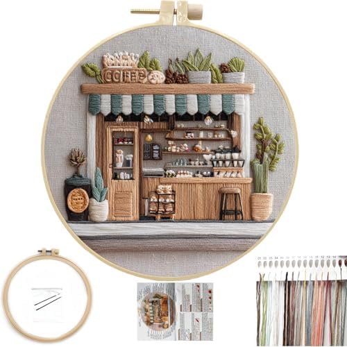 FONNUY Coffee Shop Embroidery Kit, Vintage Cafe Pre-Stamped Pattern Kits Handmade DIY Embroidery Set Suitable for Both Adults and Beginners Color Thread Needlework, 8'' Hoop (SkyBlue)