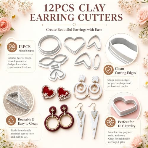12Pcs Polymer Clay Earring Cutters, Bow Heart Circle Triangle Shapes