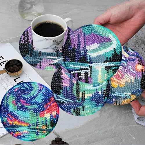 ijbnhd 8 Pcs Aurora Diamond Art Coasters Kits Landscape 4x4 inch