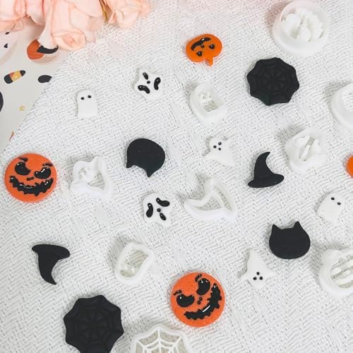 Xaekicr 10PCS Halloween Polymer Clay Cutters Set - Pumpkin Ghost Witch Hat Spider Web Shapes for DIY Earrings - Clay Cutters Clay Earring Cutters Clay Tools