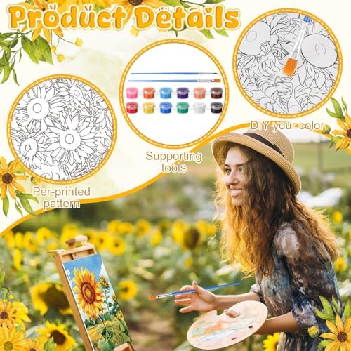 Blosssound 10 Set Pre Printed Canvas Pre Drawn Canvas Painting with Easel Kits 5" x 7" Outline Painting Panels for Beginners, DIY Craft Project, Home Decors(Sunflower)
