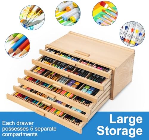 Falling in Art Wooden Pastel Storage Box With 6 Removable Drawers | Artist Supply Storage Box, Portable Organizer Box for Pencils, Markers, Brushes and Painting Tools