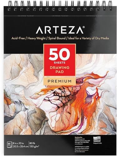 ARTEZA Drawing Paper Pad, 8 x 10 Inches, Pack of 1, 50 Sheets, Spiral Bound Artist Drawing Books, Durable Acid Free White Sketch Paper