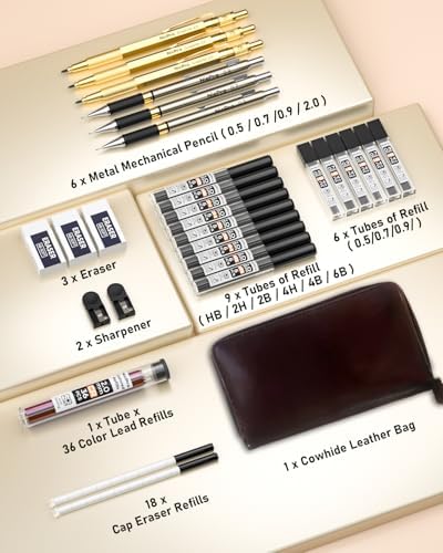 Nicpro 30PCS Art Mechanical Pencils Set in Leather Case-Gold