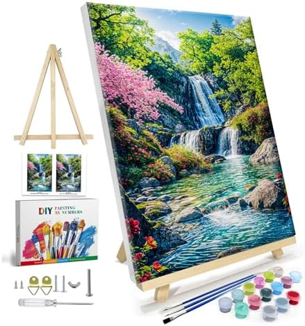 JOOZ Paint by Numbers Kit for Adults with Frame, Landscape Paint by Number with Easel, Mountain Waterfall Paint by Number Canvas, DIY Landscape Oil Painting Kit for Home Wall Decor 8x12 Inch