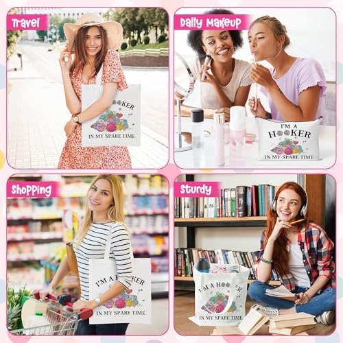 Y1tvei Crochet Canvas Tote Bag - 2Pcs Cosmetic Pouch Tote Bag Reusable Grocery Folding Shopping Bag for Crocheters Women