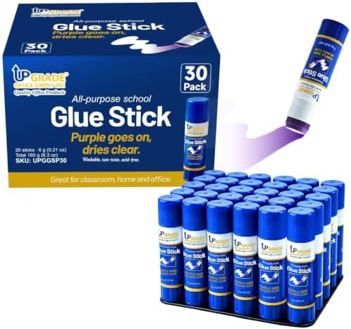 Upgrade Office Supply Glue Sticks, 6g, 30 Count, Purple Goes On Dries Clear