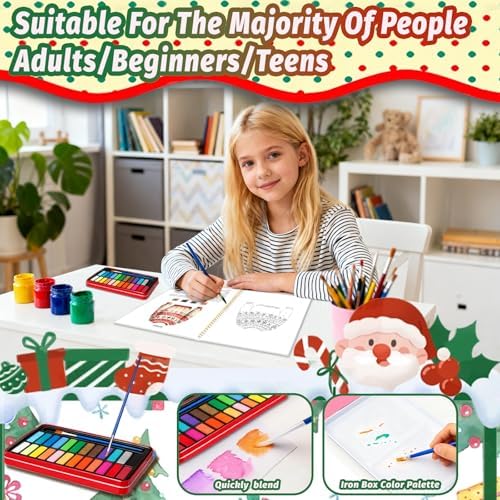 Watercolor Workbook - Coloring Book Beginner Friendly Painting Kit, Watercolor Workbooks for Adults with 24 Colors Paint, Exploration Gift for Adults Teens (Christmas)