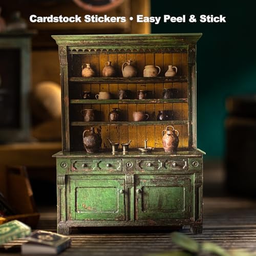 60PCS Retro Cabinet Cardstock Stickers Set, Vintage Drawer and Shelf Scene Designs – Peel and Stick Decorative Cards for Scrapbook Journal Junk Journal Collage Albums and Frames