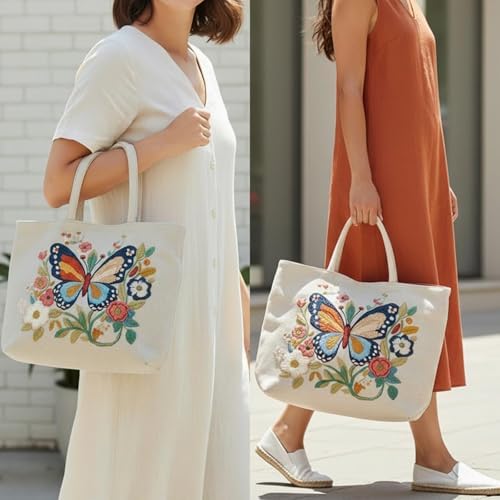 ARTopet Embroidery Tote Bag Kit for Beginners Butterfly Canvas Cross Stitch Handbag with Hoops Needles Threads Reusable Grocery Bag for Women-Butterfly02