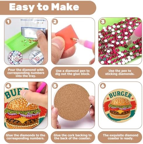 CRZMODE 8 Pcs Burger Diamond Art Coasters Kits, Diamond Painting Coasters with Holder Set of 8, DIY Burger Art Crafts Supplies for Adults Cup Mat House Warming Gifts Non-Slip
