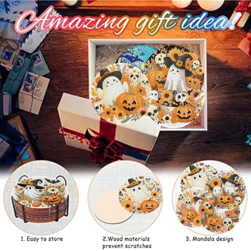 8 Pack Halloween Diamond Art Coasters,Ghost Diamond Painting Coasters Kits