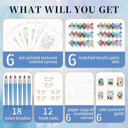6 Pack Paint by Numbers Kit for Adults, Funny Black Cat, 8 x 12 Inch | DIY Adult Paint by Number Kits on Canvas for Beginners, without Frame, Funny Cat Home Wall Decor, Stress Relief Craft Gift