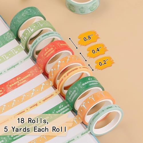 Washi Tape Set of 18 Rolls, Assorted Sizes, Decorative Tape for Journaling, Scrapbook, DIY Décor, Craft Supplies, Gift Wrapping, Metallic Foil, Celestial Orange and Green