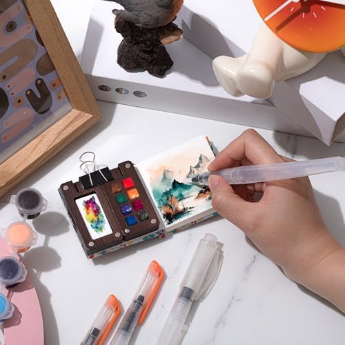 Qilery Mini Portable Watercolor Palette Set Wooden Grid Paint Box Watercolor Paper Sketch Book Brush Pens with Binder Clip for Painters Artist Not Include Paint(Red Flowers)