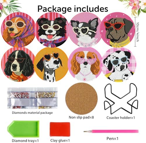 8 Pack Diamond Art Coasters,Funny Dog Diamond Painting Coasters Kits