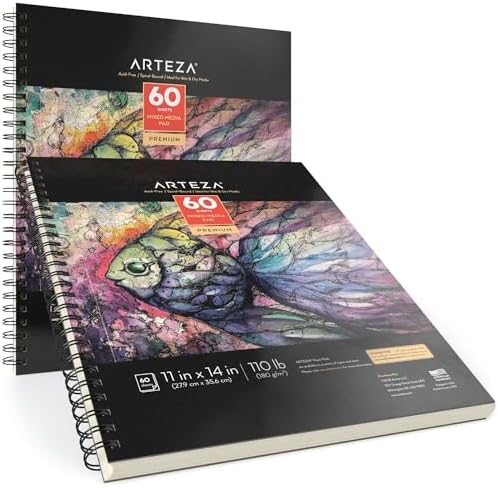 ARTEZA Mixed Media Sketchbook, 11x14 Inches – 2-Pack, 60 Spiral-Bound Sheets, 110 lb Acid-Free Paper for Wet & Dry Media: Acrylic, Ink & Pencil