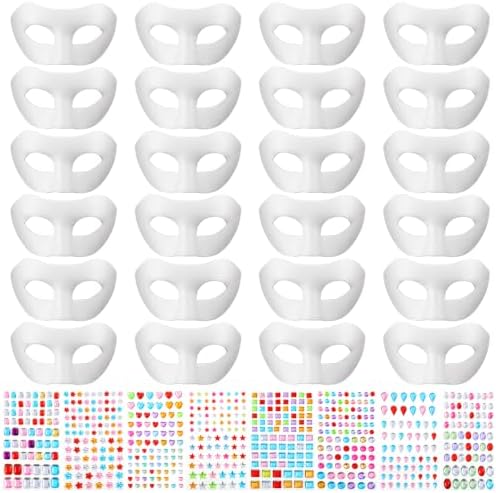 24 Pack Paper Mache Art Mask White Paper Mask Half Face Masquerade Masks DIY White Craft Masquerade Masks and Gem Stickers Cosplay Party Halloween DIY Blank Mardi Gras