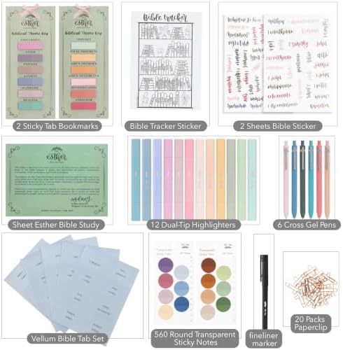 Esther Bible Journaling Kit, Loaded Bible journaling Supplies, Highlighters, Pens, Vellum Bible Tabs, Sticky Notes, Sticker Sheets, Fineliner, Paperclips & Bible Study Guide