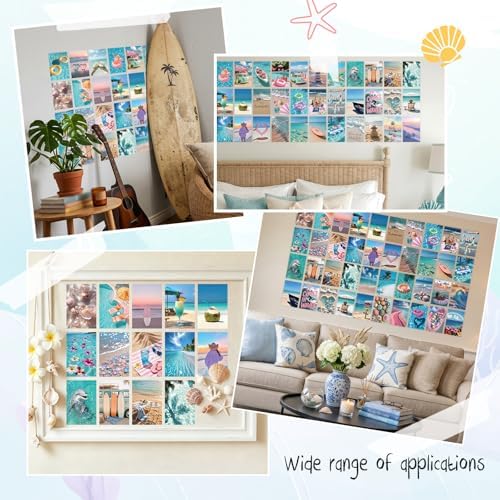 64Pcs Coastal Room Decor, Summer Beach Blue Postcards for Mailing, Beachy Posters Wall Decor for Teen Girls Dorm Bedroom, Beach Photo Collage Kit Blue Ocean Decor, 4x6
