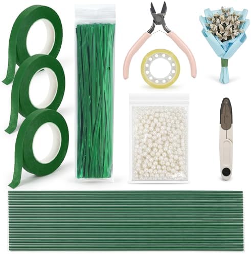 DIY Handmade Floral Art Tool Set, Money Flower Bouquet Making Kit Including ABS Pearls, Metal Wire, 2-Millimeter Diameter Flower Stems, Scissors, Pliers and Green Tape