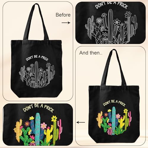 Louise Maelys 2 in 1 Embroidery Kit Canvas Tote Bag with Cactus Design