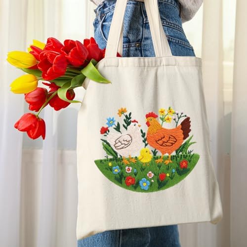 Louise Maelys Embroidery Kit Canvas Tote Bag, Chicken Floral Pattern