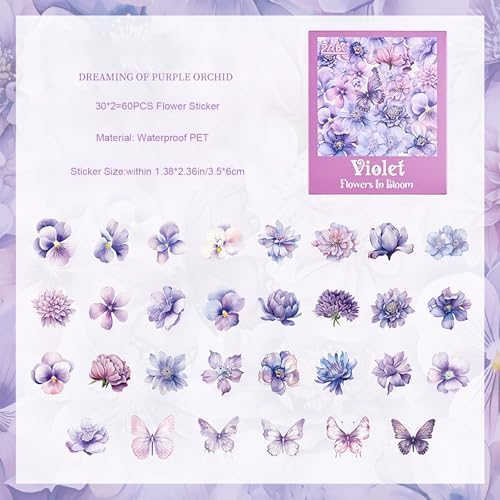 Doraking 60 Pieces Glitter Shiny Flower Stickers for Journaling Art Crafts | Waterproof Decorative Decal for Scrapbooking Supplies Journal Planners Photo Album Decor (Purple)