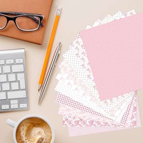 24 Sheets Preppy Pink Bow Scrapbook Paper, Coquette Bow Ribbon and Floral Decorative Craft Paper Folded Flat for Birthday Wedding Baby Shower Card Making Photo Album Decor, 12'' x 12''