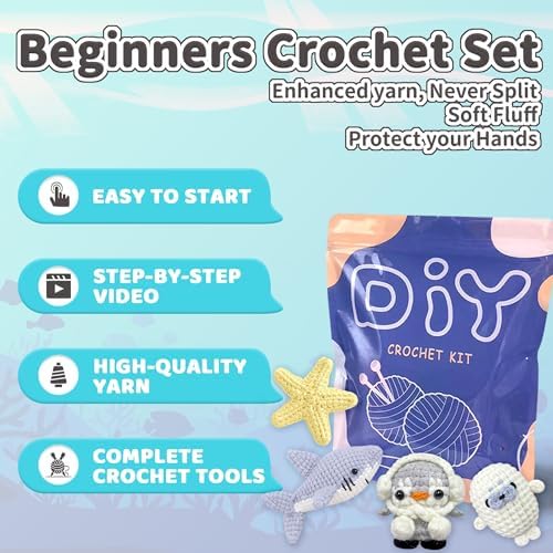 YAMAXIN Crochet Kit for Beginners – Ocean Animal Amigurumi DIY Yarn Kit with Step-by-Step Instructions, Tools & Soft Yarn – 4 Pack Crochet Kit Gift for Adults, Teens & Kids