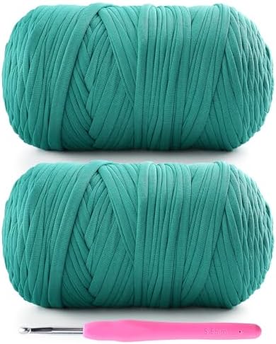 2 Pack Tshirt Yarn for Crochet - 800 g/260 yds T Shirt Yarn for Crocheting Bags/Baskets/Home Decor - Soft Elastic Fabric T-Shirt Yarn with 1 Crochet Hook (2, Hole Green)