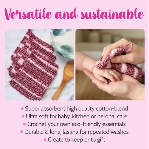 KnitPal Dishcloth Crochet Kit for Beginners (Cherry Red + Blush Pink)