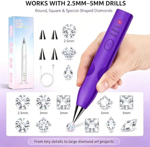 MKLAYB Electric Diamond Drawing Pen Kit, 3 Adjustable Suction Modes Rechargeable Vacuum Diamond Art Diamond Pen with 4 Replacement Heads, No Wax Required 5D Diamond Drawing Tool Accessories (Purple)